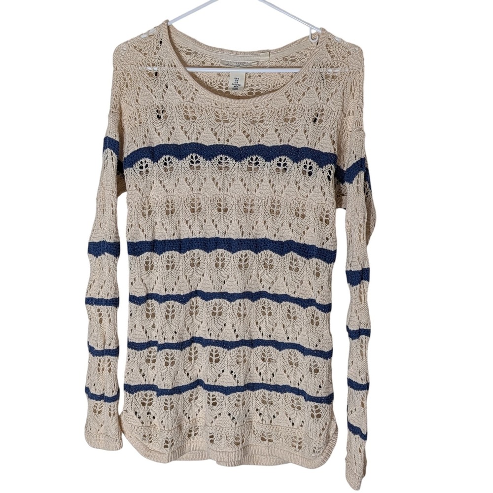 Logg Crocheted Sweater Boho Chic Label of Graded Goods Beige Blue  Womens Medium